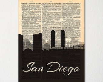 San Diego Skyline Diccionario Arte Impresión / Cartel de la ciudad / Viaje Art Deco