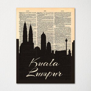Kuala Lumpur Malaysia City Skyline Dictionary Art Print / Cityscape Poster / Travel Art Decor