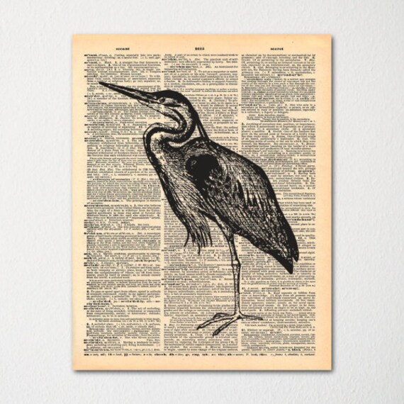 Heron Dictionary Art Print / Vintage Dictionary Paper Etsy