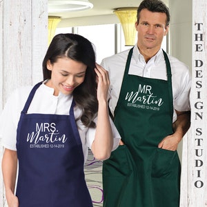 Mr and Mrs Aprons with names and Est Date, Couples Aprons, Hostess Gift Ideas, Personalized Baking Gift Cooking image 1