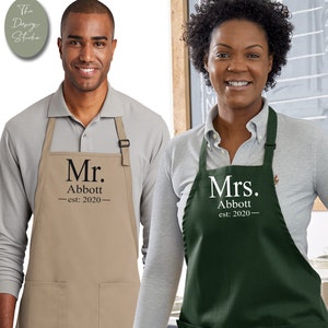 Personalized Couples Mr. and Mrs. Aprons, Perfect Wedding or Kitchen Gift, Set of 2, Multiple Designs and Colors Available