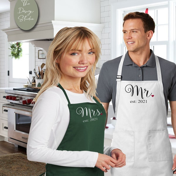 Personalized Couples Mr. and Mrs. Aprons, Perfect Wedding or Kitchen Gift, Set of 2, Multiple Designs and Colors Available