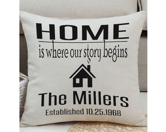 Personalized Throw Pillow, Home is Where our Story Begins, Personalized with Name and Date, Cover Only