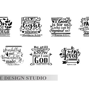 May include: A collection of eight black and white graphic designs with inspirational quotes from the Bible. The designs include phrases like "His grace is enough" and "Let your light shine," with floral and decorative elements.