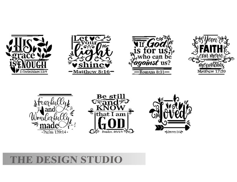 May include: A collection of eight black and white graphic designs with inspirational quotes from the Bible. The designs include phrases like "His grace is enough" and "Let your light shine," with floral and decorative elements.