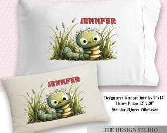 Personalized Caterpillar Pillowcase, Custom Name Pillow, Cute Bug Nursery Decor, Woodland Kids Bedding, Caterpillar Throw Pillow Cover