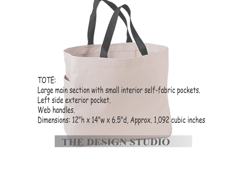 May include: A beige tote bag with black web handles. The bag has a large main section, small interior pockets, and a left side exterior pocket. Dimensions are 12"h x 14"w x 6.5"d.