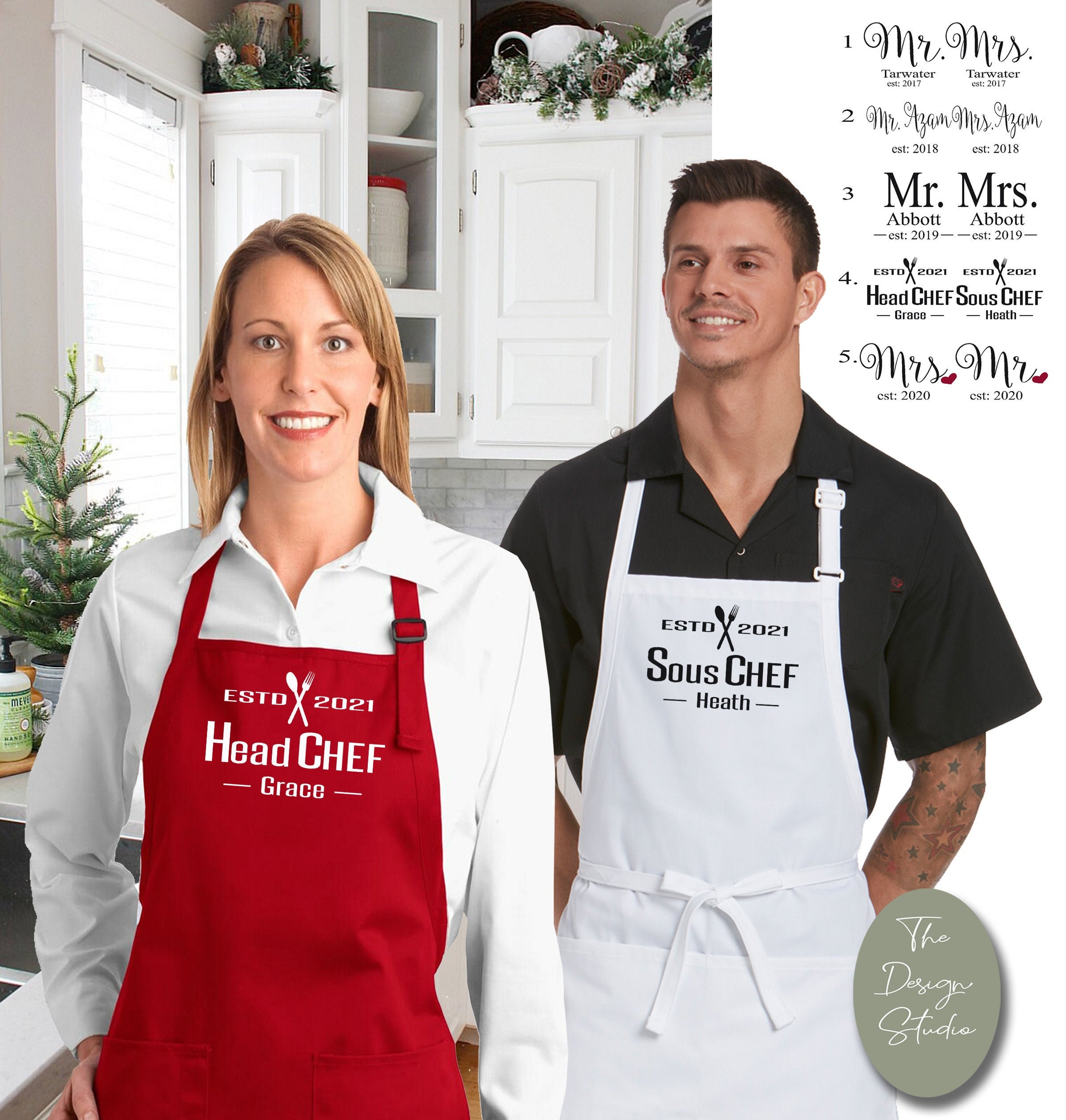 Cinmouter 8pc Kitchen Cooking Apron Gift Set，Wedding Gifts Engagement Gifts  For Couples Mr And Mrs Aprons For Couples Gifts