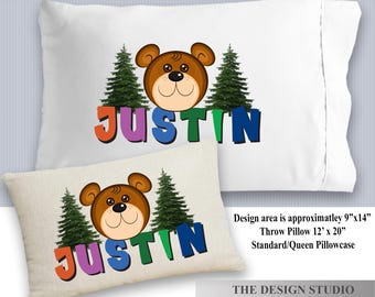 Personalized Bear Pillowcase, Custom Woodland Nursery Decor, Kids Name Pillow