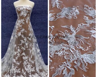 New fashion style white handmade feather pearls rhinestones 3D flowers weddingeveningfashion show dress lace fabric