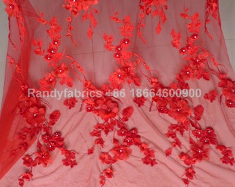 New off white Nudeyellow Hot fashion rhinestone 3D flowers on netting embroidered wedding evinging dress lace fabric