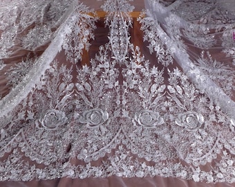 Tissu en dentelle à la mode La Belleza, tissu perlé à paillettes, tissu en dentelle blanc cassé pour robe, tissu en dentelle pour robe de mariée blanc cassé par mètre