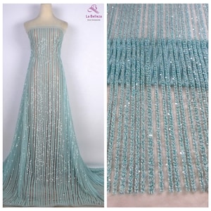 La Beeleza Blue lace,simple lines lace, handmade beading lace fabric,bridal dress lace fabric,by yard
