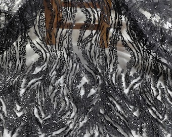 La Belleza lace fabric,black,white gold beaded fabric,wedding dress lace fabric,simple lines beaded lace,Silver gown lace fabric by yard