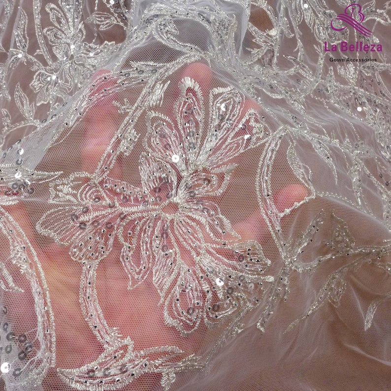 La Belleza new lace fabric,silver beaded lace,wedding dress lace fabric,beautiful quality lace,gown lace fabric by yard