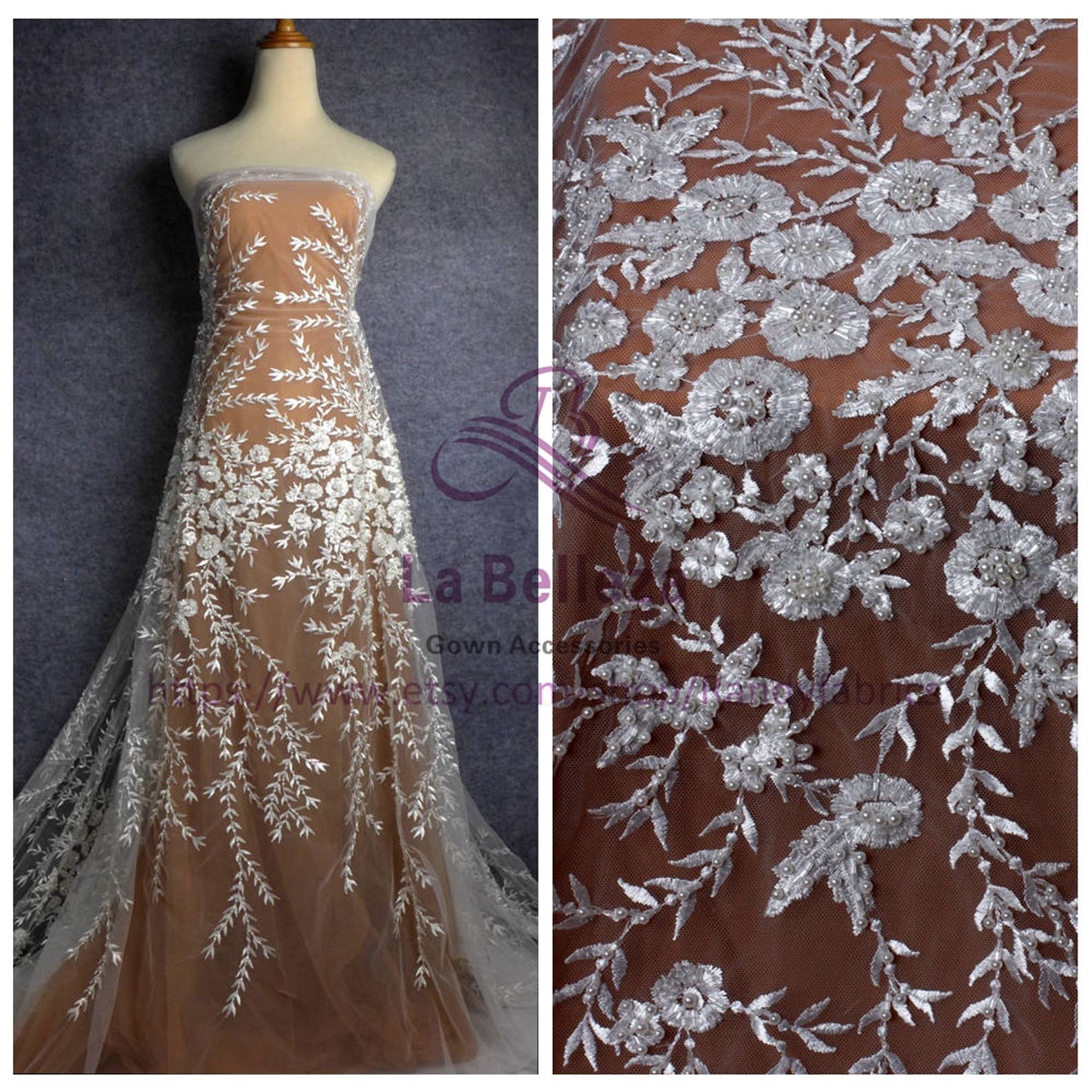 Gray/ivory handmade beaded evening/wedding dress lace fabric | Etsy