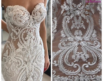 La  Belleza lace fabric,new designer lace fabric,white sequins net embroidery lace fabric,large paterns lace by yard