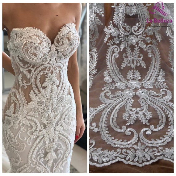 La  Belleza lace fabric,new designer lace fabric,white sequins net embroidery lace fabric,large paterns lace by yard