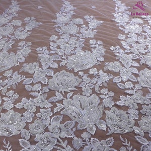La Belleza lace fabric,white Heavy beaded fabric,wedding dress lace fabric,big flowers pattern,gown lace fabric by yard