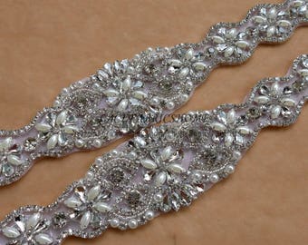 1 piece handmade siver Rhinestones pearls trim  34X5cm appliques bride girdle dress patch