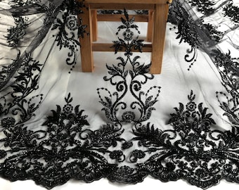La Belleza tela de encaje con cuentas pesadas en blanco y negro para vestido, tela de encaje para vestido de moda, tela de encaje para vestido con hermosos patrones blancos puros de
