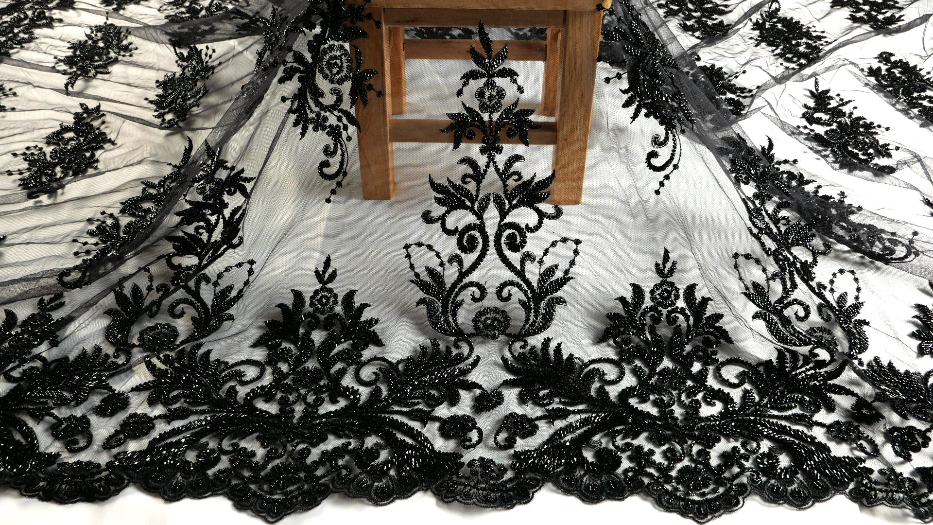 Victorian Ornament Black Stretch Lace Fabric - Bella