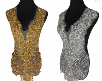 La Belleza luxe gouden haute couture appliqués, 5 kleuren kristal appliqués, handgemaakte patch, strass mesh appliqué, full body pieces 70 x 40 cm