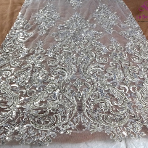 Elegant Silver Beaded Bridal Lace Fabric With Sequins End Etsy