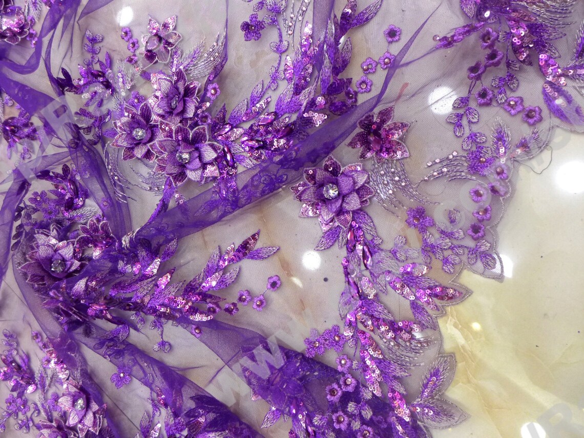 Purple 3D Flowers Beaded Sequins Lace Fabric for Wedding Dress Etsy