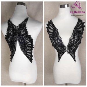 La Belleza new wing appliques,black handmade crystals with beads appliques,ivory beaded patch,beads sequins by pair  37x11cm