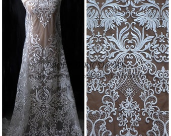 Beautiful large pattan off white/beige rayon silver metallic on net embroidery lace fabric for wedding/evening/stage dress by yard