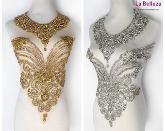 La Belleza luxury Gold/silver neck and bodice  rhinestones appliques patch for dress /cloth,handmade crystal body applique by piece