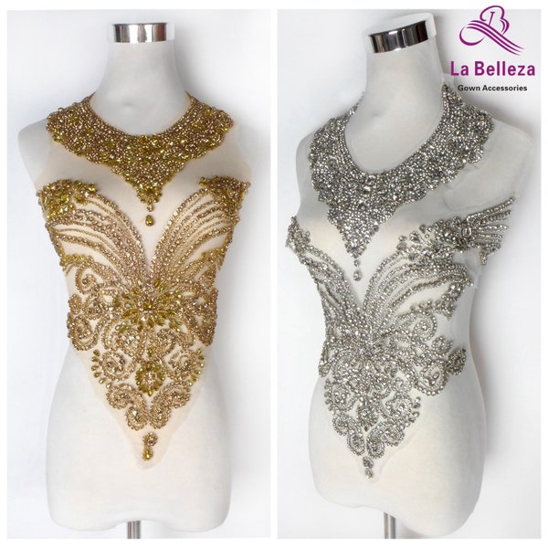 La Belleza luxury Gold/silver neck and bodice  rhinestones appliques patch for dress /cloth,handmade crystal body applique by piece