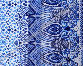 New Blue on white nettingTotem color overlay sequin embroidery fabric stage performances 51''  fashion dress fabric by the yard