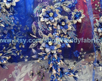 Blue 3D Flower Lace Fabric, Beaded Sequins, Bridal Dress By The Yard