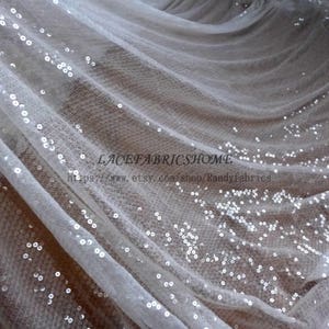 130cm width clear shine sequins on off white mesh embroidered evening/wedding dress lace fabric dress lining 1 yard