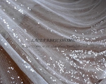 Sequin Lace Fabric, Off White Mesh, Embroidered Wedding Dress Material
