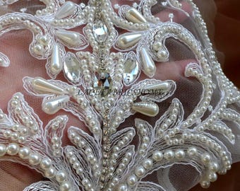 May include: White beaded lace trim with a floral design and clear rhinestones. The trim is on a sheer mesh fabric. The text "LACETABRICESHOME" and "https://www.etsy.com/shop/RainbowArt" is visible.
