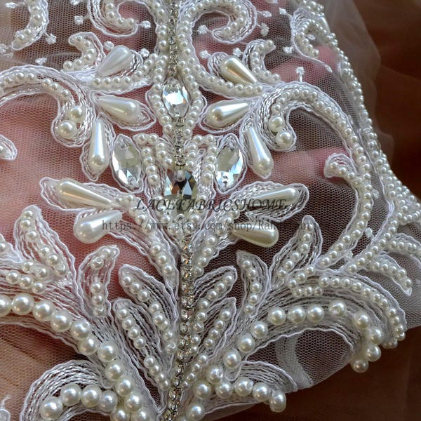 Off white pearls rhinestones wedding dress patch 32x35cm By piece