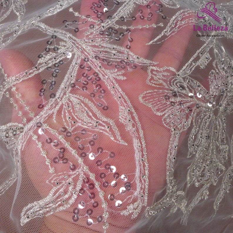 La Belleza new lace fabric,silver beaded lace,wedding dress lace fabric,beautiful quality lace,gown lace fabric by yard
