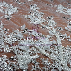 La Belleza 3D flowers lace,Ivory 3D lace,handmade lace,black beaded lace,evening wear lace fabric,black beaded crystal lace fabric by yard image 4
