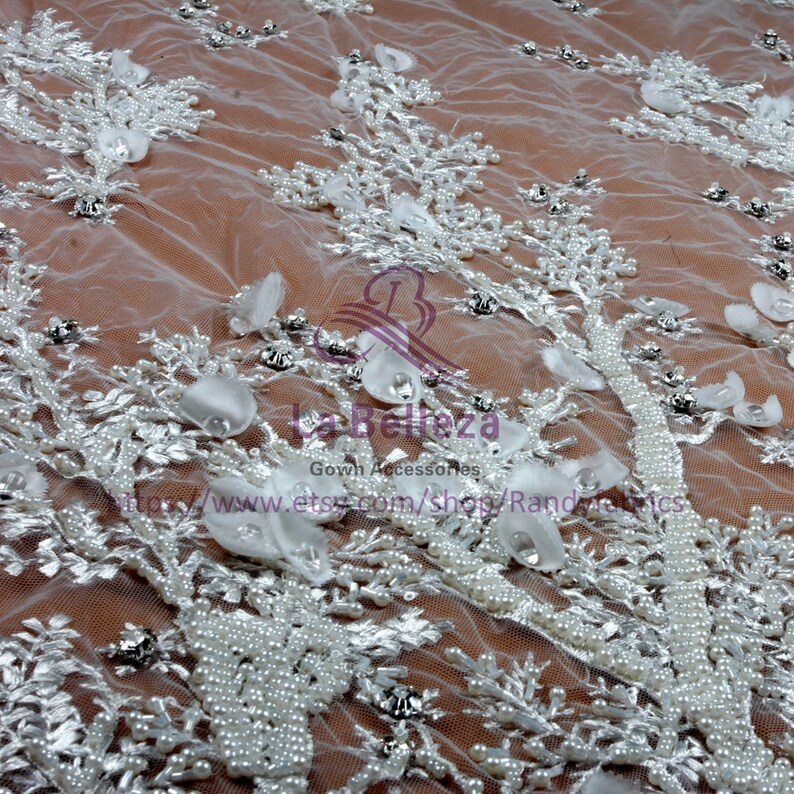 La Belleza 3D flowers lace,Ivory 3D lace,handmade lace,black beaded lace,evening wear lace fabric,black beaded crystal lace fabric by yard image 4