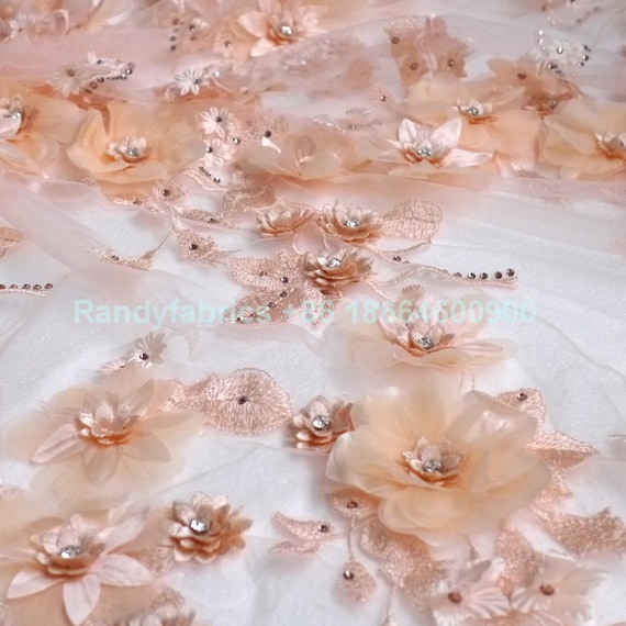 New off white Nudeyellow Hot fashion rhinestone 3D flowers on netting embroidered wedding evinging dress lace fabric