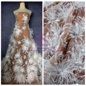 La Belleza feather lace, Off white feather lace,Light pink beautiful  feather pearls rhinestones crystal 3D flowers lace fabric by the yard