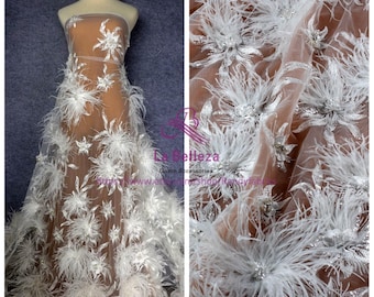 La Belleza feather lace, Off white feather lace,Light pink beautiful  feather pearls rhinestones crystal 3D flowers lace fabric by the yard