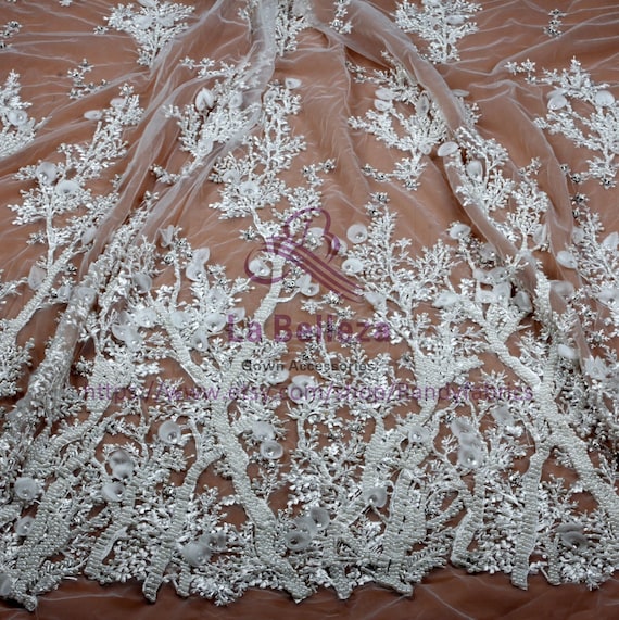 La Belleza 3D flowers lace,Ivory 3D lace,handmade lace,black beaded lace,evening wear lace fabric,black beaded crystal lace fabric by yard