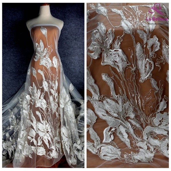 2019 new off white mixed silver thread with clear squins on mesh embroidery lace fabric 51" width by yard