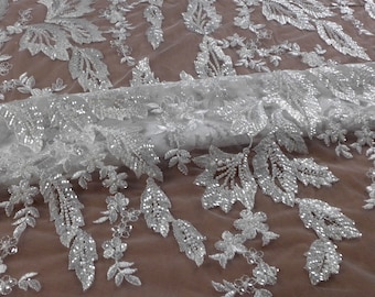 La Belleza sequins off white lace fabric,Silver beads sequins lace,evening wear lace fabric,leaves beaded lace fabric by yard