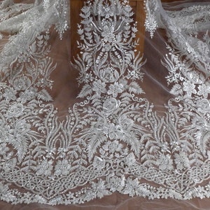 La Belleza new lace fabric,ivory beaded fabric,white wedding dress lace fabric,Heavy beaded lace,Off white gown lace fabric by yard