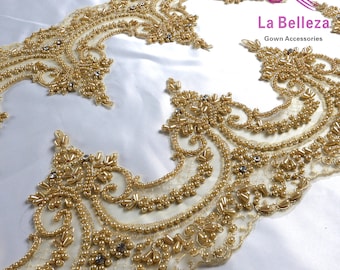 La Belleza gold heavy pearls beaded lace trim,ivory beaded lace, cord Bilateral lace trim,gorgeous lace trim for wedding veil prom dress
